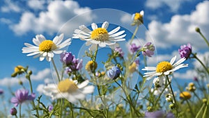 Beautiful flowers chamomile in morning against blue sky with clouds, nature landscape, close-up macro.