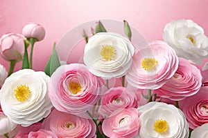 Beautiful flowers composition in pastel colors: pink and white ranunculus.