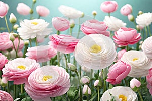 Beautiful flowers composition in pastel colors: pink and white ranunculus.