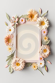 Beautiful flowers flower frame flat lay, top view, free space.