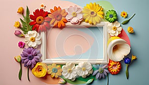 Beautiful flowers flower frame flat lay, top view, free space.