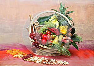 Beautiful flowers and fruits in A basket