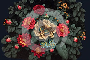Beautiful flowers with green leaves illustration. Embroidery design. Generative AI