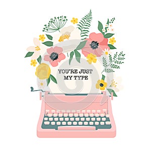 Beautiful flowers growing out from a vintage pink typewriter illustration.