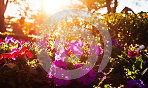 Beautiful flowers have pink color, red color, orange color and little bokeh between sunset.