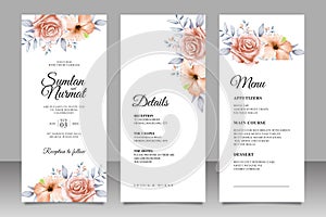 Beautiful flowers and leaves wedding invitation card set template