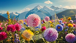 Beautiful flowers, mountains in the background meadow