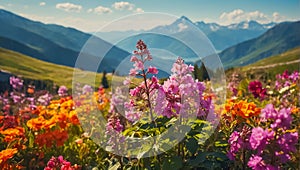 Beautiful flowers, mountains in the background meadow colorful