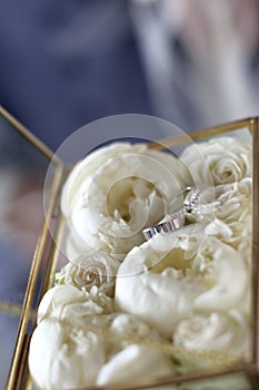 Beautiful flowers peonies white color and wedding rings
