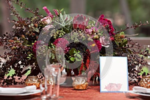 Beautiful flowers on table in wedding day. Luxury holiday background.