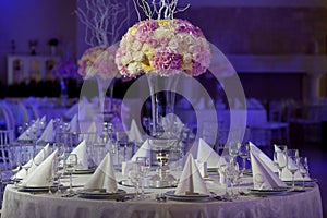 Beautiful flowers on table in wedding day. Luxury holiday background.