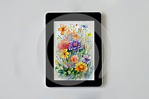 Beautiful flowers on a tablet which is used for creaating images and design