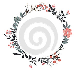 Beautiful flowers and twigs in a round composition