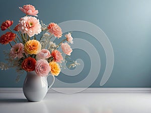 Beautiful flowers in vase on pastel background with copy space. Women\'s Day or Mother\'s Day banner poster