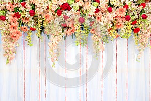 Beautiful flowers and wave curtain wall background - Wedding ceremony scene.