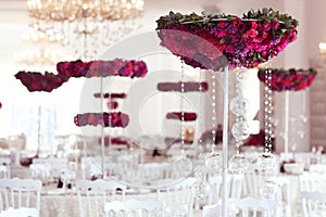Beautiful flowers on wedding table decoration arrangement
