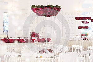 Beautiful flowers on wedding table decoration arrangement