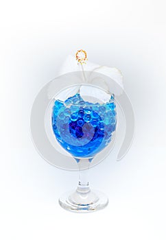 Beautiful flowers in wine glass with hydrogel isolated on white