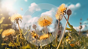 Beautiful flowers of yellow dandelions in nature in warm summer or spring on meadow against blue sky, macro.Generative AI