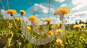 Beautiful flowers of yellow dandelions in nature in warm summer or spring on meadow against blue sky, macro.Generative AI