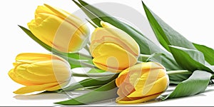 Beautiful flowers, yellow tulips, white background. Postcard template Women's Day, March 8, Nurse's Day