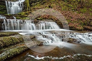 Beautiful Flowing Waterfall With Cascades In Woodland Environment.