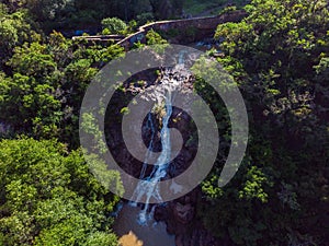 Beautiful flowing waterfall in Los Filtros Viejos Park at Morelia, Michoacan, Mexico