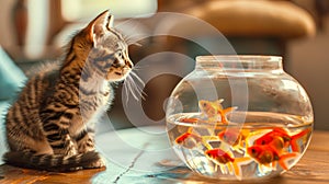A beautiful fluffy cat looking at a goldfish in an aquarium on the table