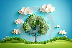 Beautiful fluffy cloud, blue sky background, summer sun, butterfly, green grass lawn, paper cut tree. Generative AI