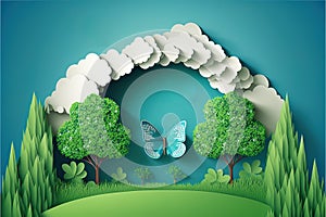 Beautiful fluffy cloud, blue sky background, summer sun, butterfly, green grass lawn, paper cut tree. Generative AI