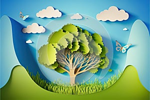 Beautiful fluffy cloud, blue sky background, summer sun, butterfly, green grass lawn, paper cut tree. Generative AI