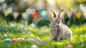 A beautiful fluffy Easter bunny hides colorful eggs in the green grass and looks at the camera