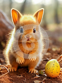 Beautiful fluffy Easter bunny next to Easter egg, Easter symbol, expectations of success