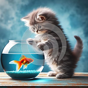 A beautiful fluffy kitten is hunting for a goldfish in an aqua rime. Friendship of a kitten and aquarium fish