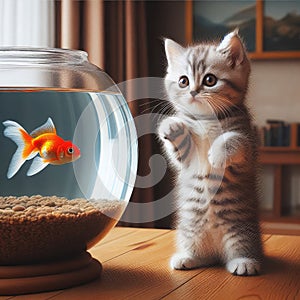 A beautiful fluffy kitten is hunting for a goldfish in an aqua rime. Friendship of a kitten and aquarium fish