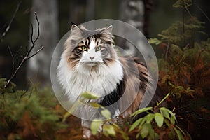 beautiful fluffy maine coon cat with green eyes in the autumn forest