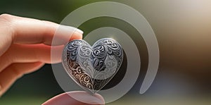 Beautiful fluffy voluminous metallic heart lies on palm in closeup. Womans hand holds heart on blurred background. Copy