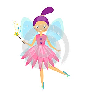 Beautiful flying fairy character with blue wings. Elf princess with magic wand. Cartoon style