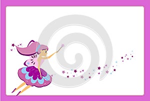 Beautiful flying fairy character with purple wings. Elf princess with magic wand. Purple frame design template for photos, childre