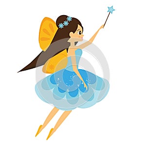 Beautiful flying fairy character with yellow wings. Elf princess with magic wand. Cartoon style