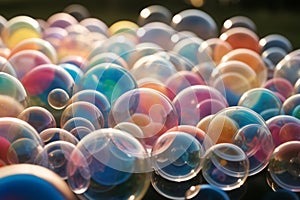 Beautiful flying soap bubbles on natural abstract multicolored background