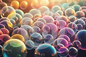 Beautiful flying soap bubbles on natural abstract multicolored background