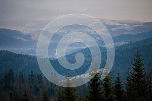 Beautiful foggy Beskidy mountains landscape