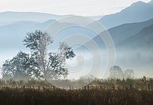 Beautiful foggy misty Autumn sunrise over countryside surrounding Crummock Water in Lake District in England