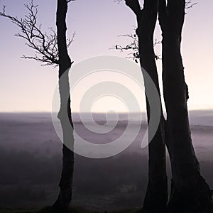 Beautiful foggy sunrise landscape over the tors in Dartmoor revealing peaks through the mist