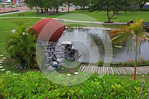 Beautiful fontain formed as ceramic jar in a park. Hulhumale, Maldives.