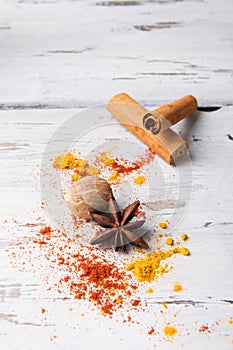 Beautiful food spice background: set of star anise, curcuma, cinnamon stick, nutmeg on white wooden background. food concept,