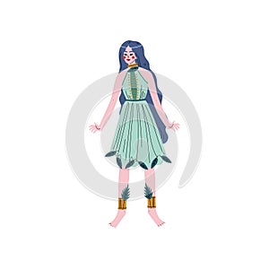 Beautiful Forest Fairy or Nymph, Blue Haired Girl in Green Dress Vector Illustration