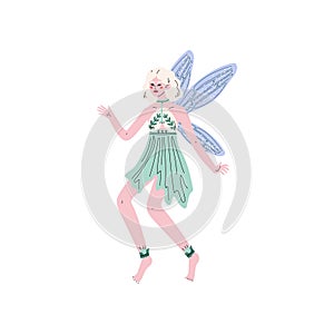 Beautiful Forest Fairy or Nymph with Wings, Pretty Blonde Girl in Green Dress Vector Illustration