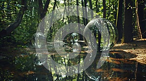 Beautiful forest with green trees, overturned reflection. Crystal balls on ground